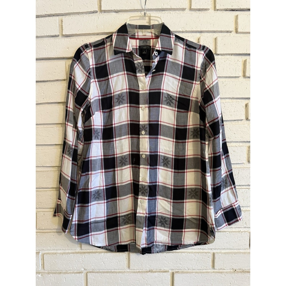 Talbots Womens‎ XSp Black White Buffalo Check Plaid Button Front Long Sleeve